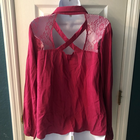Pink Button Up Collared Blouse Lace Open Back - Picture 5 of 7